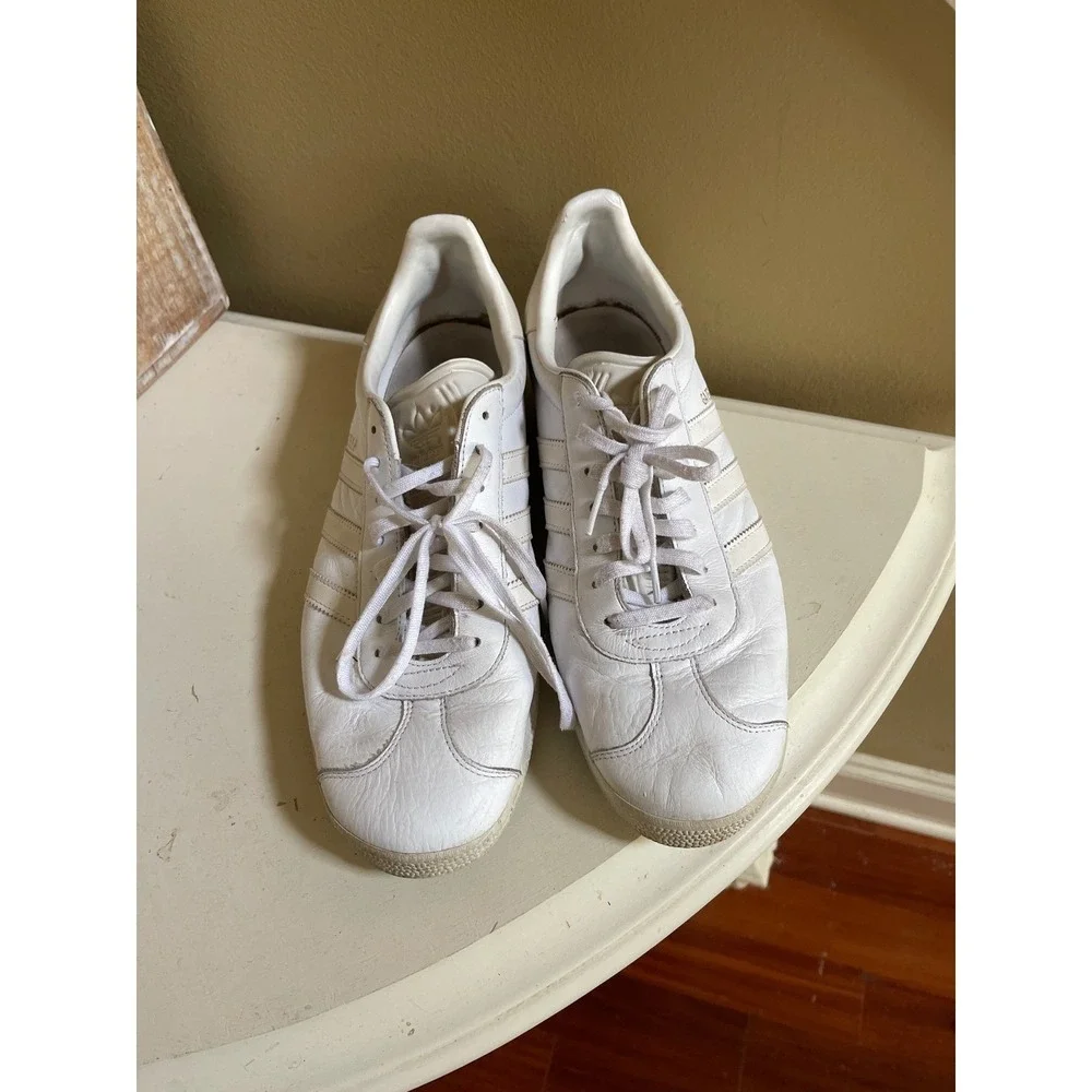 Adidas Gazelle Mens 12 White Leather Low Top Sneakers Shoes Classic Logo Retro